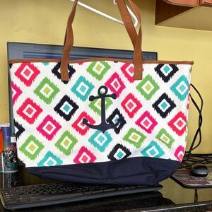 Large 31 Canvas Nautical Tote/Multicolored/Navy & Tan Accents